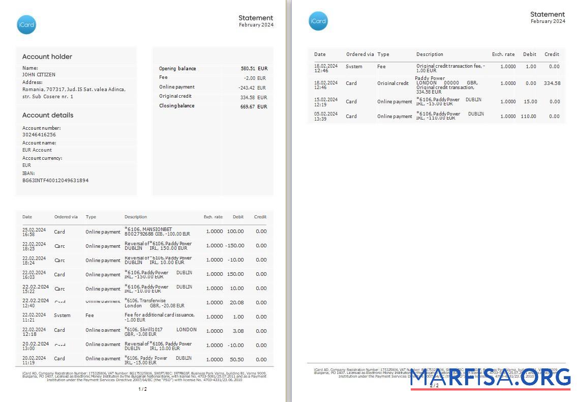 Printable Ukraine Icard bank statement 3 – 6 months word 2 pages real example